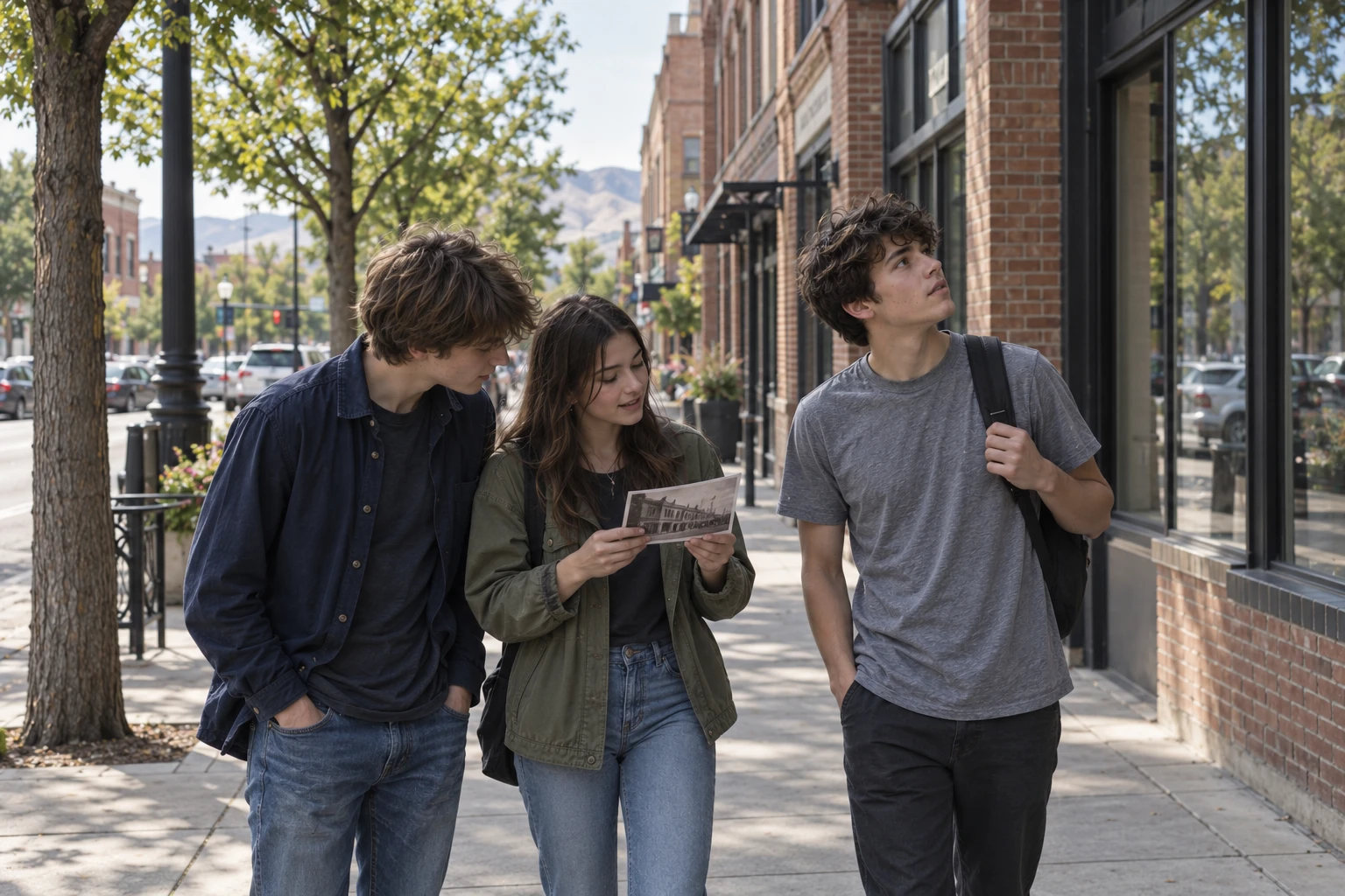 Concept image of three teenagers comparing an old photograph with brick storefronts on a Boise-inspired street